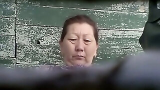 Wooly pussy of a mature Asian lady in the public toilet room