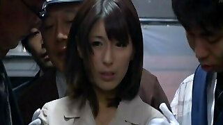 Busty Japanese pornstar gets caressed on the bus before a facial gang banging