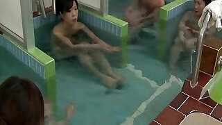 Asian babes take a shower and get fingered by a pervert guy