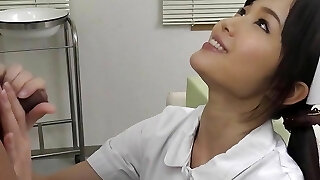Japanese Dark Haired nurse Shino Aoi in the doctor's office in oral action uncensored.