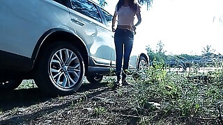 Piss Stop - Urgent Outdoor Roadside Pee and Cock Sucking by Asian Gal Tina in Blue Jeans