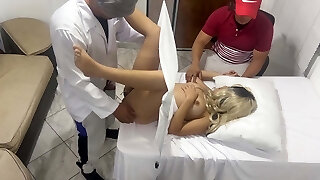 Pervert Poses as a Gynecologist Medic to Fuck the Stellar Wife Next to Her Dumb Husband in an Softcore Medical Consultation