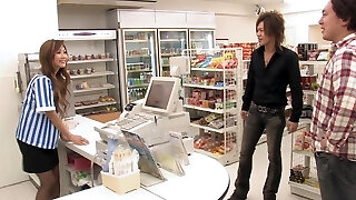 Magnificent Japanese store clerk gets fucked by 3 customers during opening hours