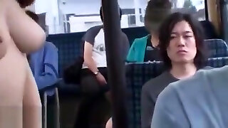 Japanese huge-boobed Milf has sex on public bus