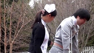 Hardcore outdoor fucking with a Japanese nurse wearing undergarments