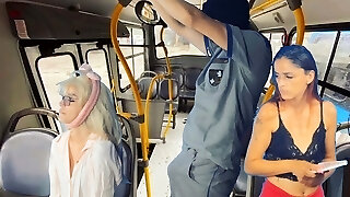 Worker takes stick out and thighs women on public transport!