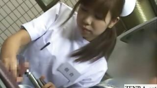 Subtitled Japanese nurse patient handjob with money-shot