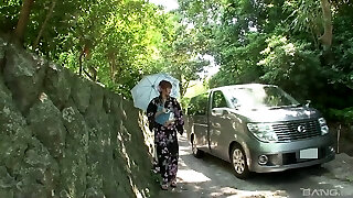 Kimono nymph in a van sucks dick and gets toy fucked