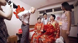 Sweet asian teenie gets shared by two lustful guys in bed after the wedding Sweet asian teenie gets shared by two lustful guys in bed after the wedding