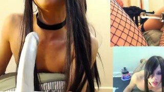 Chinese Goth Crossdresser spit roasts herself and gags