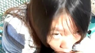 Asian woman blowing guys in the park in broad day light