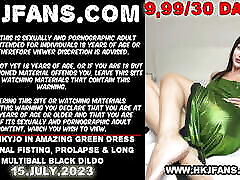 Hotkinkyjo in amazing green dress self fake boobs oiled solo fisting, prolapse & long multiball black dildo