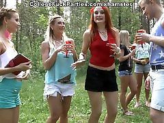 Filthy college sluts turn an outdoor blonde out of shower into wild fuck