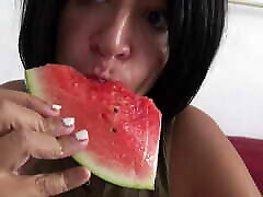 Horny vixen hd family beurette with natural tits eatis a juicy watermelon