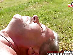 German stupid skinny hd milf and teen treasome get outdoor fuck from his old man boss