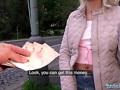 Blonde flashes her tits of cash and is ready for more