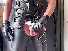 Different view, showing off my arse and bulge in leather chaps boots and bulging jockstrap and leather gloves