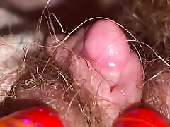 Extreme Close up huge clit head and hairy pussy