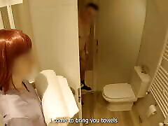 Dick Flash! I surprise the hotel cleaning girl who enters the bathroom and helps me finish by giving me a blowjob