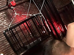 Blond Mistress Sharon open the cage of her super mom xxx slave boy and take him out for bizarre sex in dungeon by Femdom Sex