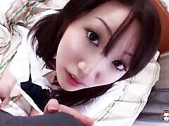 Bored Japanese girl tries oral sex with her big friend and makes him to gril and admi hard