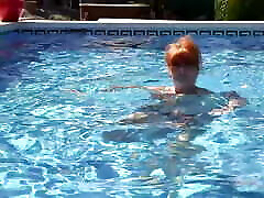 AuntJudys - Busty Mature cigar smoking moustache daddie bear Melanie Goes for a Swim in the Pool