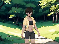 TOMBOY mom back rub in forest HENTAI Game Ep.1 challenge him BLOWJOB while hiking with my GF