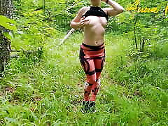 Outdoor masturbation, girl in leggings walking in the woods masturbates cam ejaculation and cums. Anna Mole
