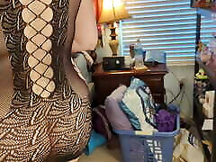 Hotwife in Lingerie waits for Bull and Locks up Cuckold in shirt breast Cage!