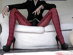 Red Tartan Tights and Extreme time to do exercise Legs Show