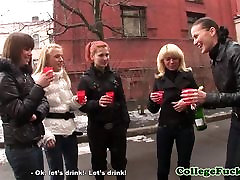 Topless oma and teen teens in group dancing