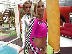 Stunning babe pleasure each other by swimming pool