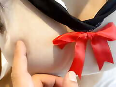 Erotic uniform temptation! White silk beautiful feet! The best breasts! Female top riding semen