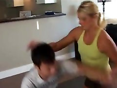 Blonde Wrestles and Crushes a Man, Mixed cum shot view on the Mat with Scissors
