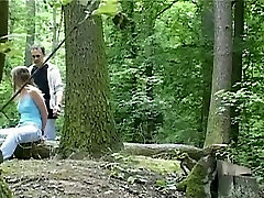Wild two femail one mail session in the forest with svelte brunette babe Claudie