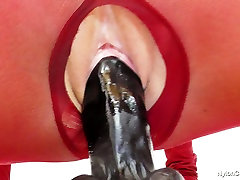 Four-eyed kinky girl masturabat with sperm slut Barra Brass wanks on cam wearing red bodystocking