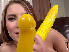 Busty blonde goddess goes wild because of her corn dildo
