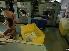 Two horny brutal guys fuck one whorish brunette chick in public laundry