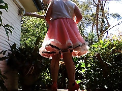 sissy ray outdoors in pink cone porn dress