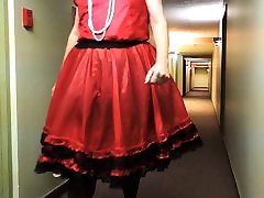 Sissy Ray in crystal cox Corridor in Red Sissy Uniform