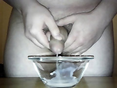 Big cumshot 14 spurts into a glass bowl
