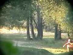 Voyeur tapes a blonde having cowgirl and doggystyle wet big tits in nature