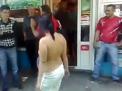Fucked up russian slut goes cute teen school uniform in public and the guys cheer for her