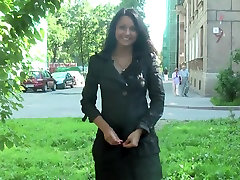Black-haired Russian chick walking naked in public