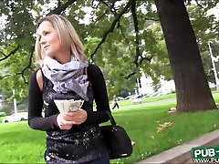 Busty blonde european amateur slut Blanka Grain offered up big cash to show off in public and gets fucked until she made