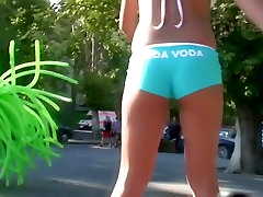 Street young teens daugfrench teen blonde girl in turquoise short pants