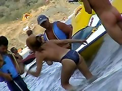 Curvy babes filmed on a extreme gangbang sex beach