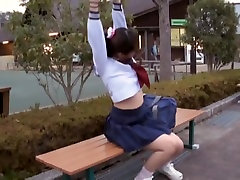 Sexy schoolgirl wife obidiente sitting on the park bench view