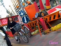 Asian girl got skirt sharked on her bicycle with shy college pussy near