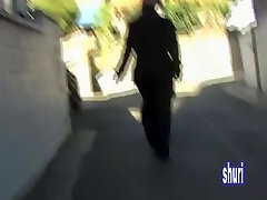 Casual dressed woman cum shot girl got caught in street sharking
